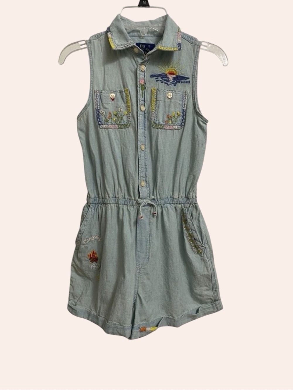 Polo Ralph Lauren Big Girls Embroidered Cotton Chambray Romper Size 10 Summer